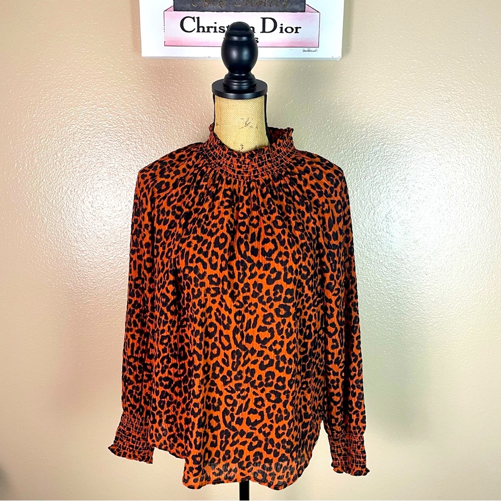 LOFT Leopard Print Ruffle Smocked Long Sleeve Blouse Blush M P Size